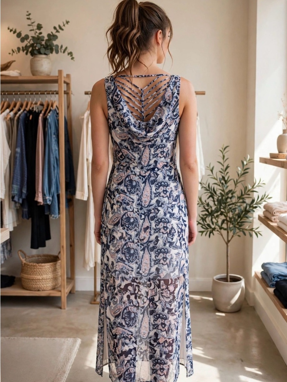 Kate & Mallory Navy and Cream Paisley Maxi Dress with Front Slits/V ladder back